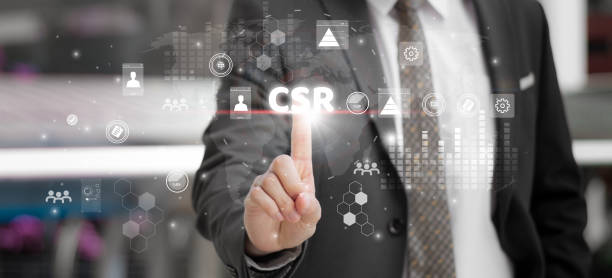 istock Businessman finger touching icon CSR, concept business and organization, global network technology with  Social Responsibility and Sustainable Initiatives and giving back to community 2156879351