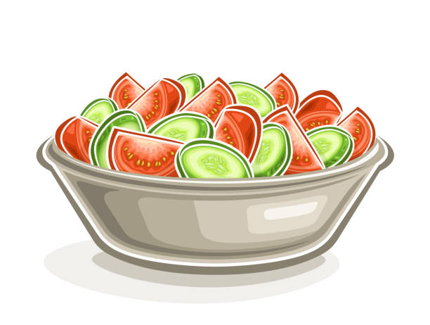 Vector Salad in Plate Vector Salad in Plate, horizontal poster with cartoon design chopped vegetable still life composition on plate, decorative placard with outline illustration tomato-cucumber salad on white background salad bowl white background stock illustrations