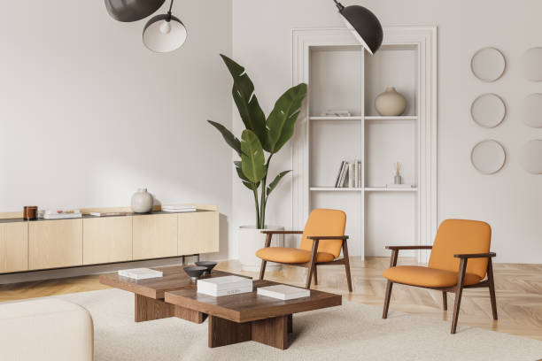 istock Home living room interior with two armchairs and sideboard, shelf with decor 2156882504