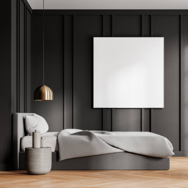istock Dark home bedroom interior with bed, nightstand and mock up square frame 2156882561
