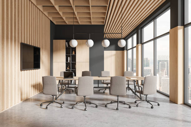 istock Modern conference interior with table and chairs, tv screen and panoramic window 2156882719