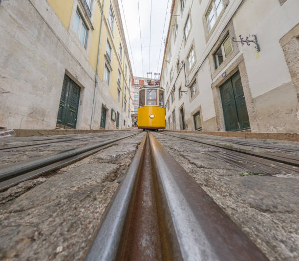 Low angle view of a yellow tram approaching on cobblestone tracks in Lisbon's historic district. The tram is framed by traditional buildings, capturing the city's iconic transportation and architecture.\nC:\