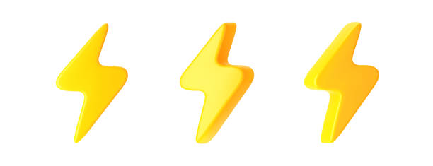 istock 3d yellow lightning, thunderbolt icons isolated on white background. Render of lightning hit, electric strikes, flash of thunderbolt. 3d cartoon simple vector illustration 2156883494