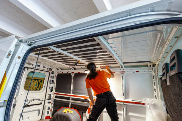 istock Camper van conversion. Insulation Floor of the transporter, motorhome after anti-rust paint. Conversion DIY Jumper van, foam insulation inside of a camper van 2156886725