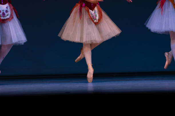 Closeup of ballerinas dancing on stage. Closeup of ballerinas legs