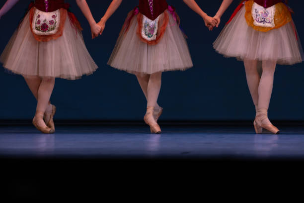 Closeup of ballerinas dancing on stage. Closeup of ballerinas legs