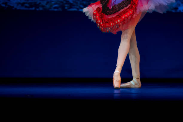 Closeup of ballerinas dancing on stage. Closeup of ballerinas legs