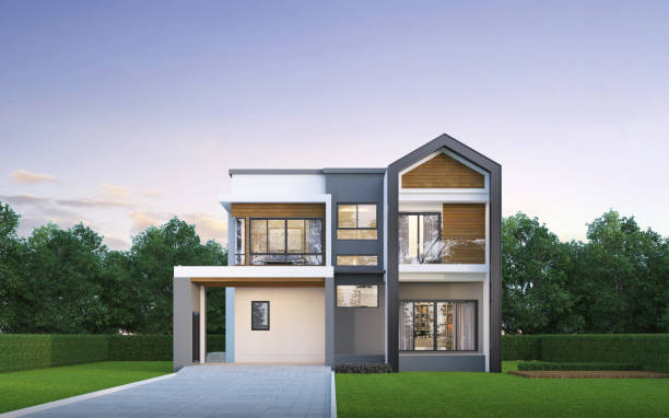 istock Modern house exterior evening view with lawn grass.3d rendering 2156890482