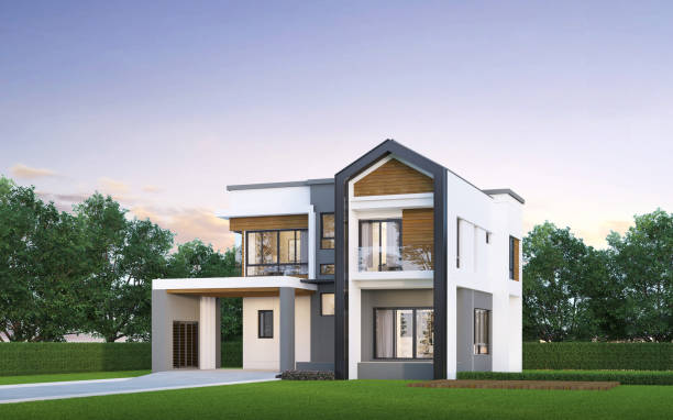 istock Modern house exterior evening view with lawn grass.3d rendering 2156890483