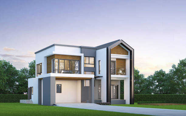 istock Modern house exterior evening view with lawn grass.3d rendering 2156890486