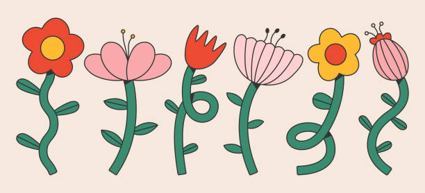 Set of abstract geometric flowers. Psychedelic floral squiggles. Naive art, groovy design. Colorful retro plants. Vector illustration