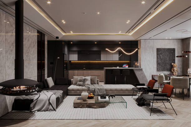 istock modern living room interior through the kitchen 2156893555