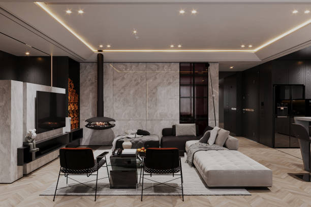 istock modern living room interior with black and beige scheme 2156893556