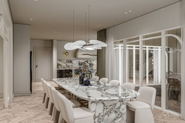 istock 3d render dining room features in a modern open-concept apartment house 2156893956