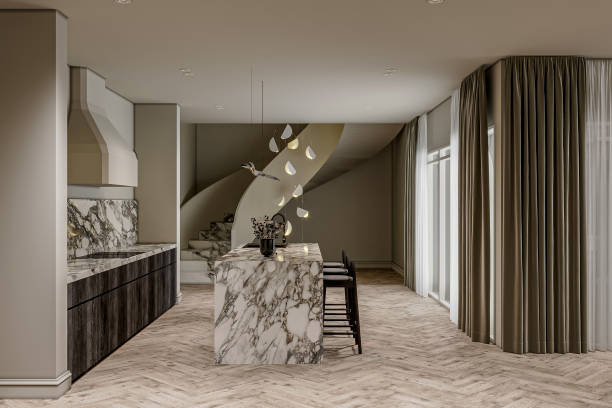 istock Interior of modern white apartment. open kitchen in the attic, 3D rendering 2156894105