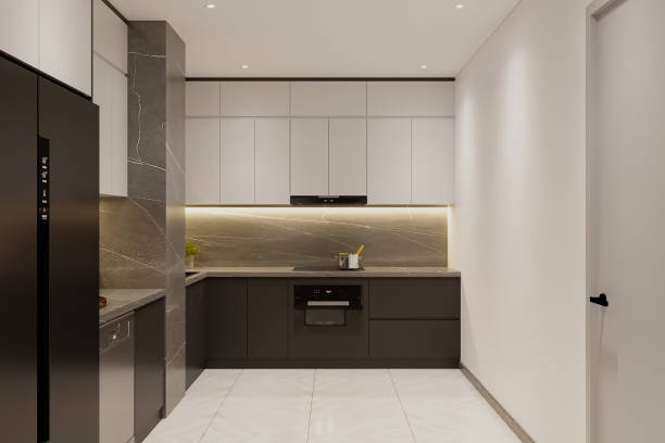istock Great kitchen in modern style with white walls and luminous lamp 2156895232