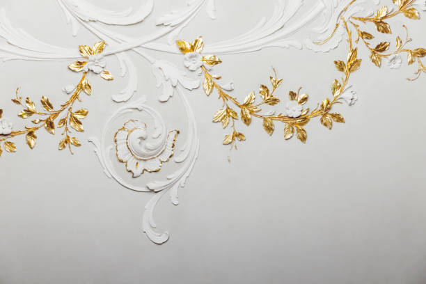 istock Classic luxury interior details, ceiling with white and golden decor 2156895386