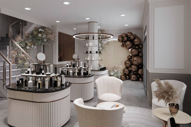 istock Makeup body care cosmetics shop, built-in mid century interior 2156895620