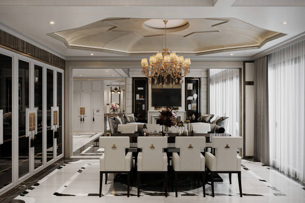 istock Modern chic luxury dining room features stylish chairs, a Chandelier on the ceiling 2156895644
