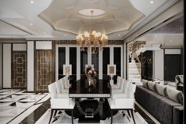 istock The dining room is designed with a modern table, upholstered dining chairs, and a striking chandelier 2156895667