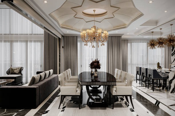 istock The dining room is designed with a modern table, upholstered dining chairs through the living room 2156895681