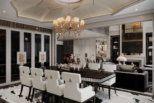 istock Wide angle view of the dining room in British style with dining sets 2156895712