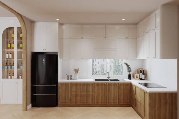 istock Modern Japanese style kitchen room with minimalist built-in cabinet and kitchen appliances.3d rendering 2156896833