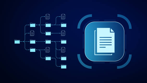 illustrations, cliparts, dessins animés et icônes de système de gestion de documents utilisant l’ia pour les processus automatisés, améliorant la productivité et l’organisation du flux de travail. illustration de la transformation numérique. - fichier informatique