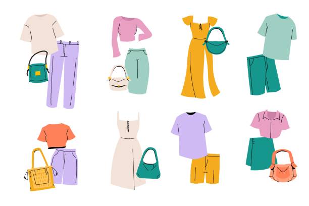 Stylish outfits set. Fashionable trendy clothes for women, elegant casual and formal wear with accessories. Vector isolated collection. Stylish outfits set. Fashionable trendy clothes for women, elegant casual and formal wear with accessories. Vector isolated collection cartoon t shirt design stock illustrations