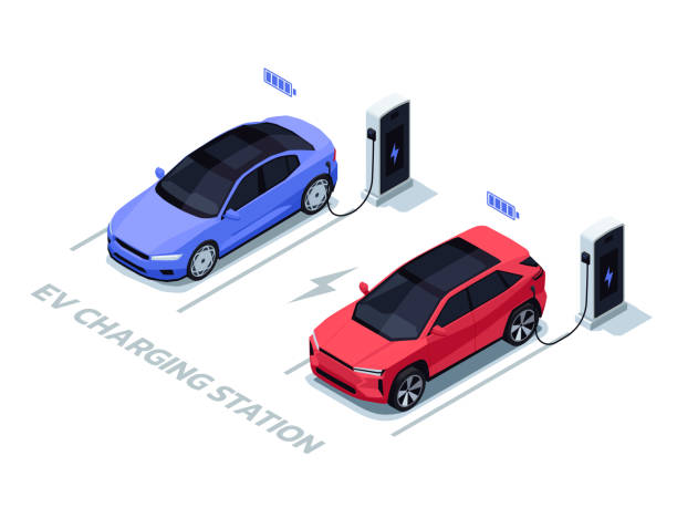 illustrations, cliparts, dessins animés et icônes de voitures isométriques en charge. borne de recharge pour véhicules électriques avec voitures, parking de recharge rechargeable pour transport écologique. illustration vectorielle - perspective isométrique