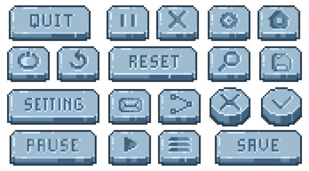 Stone pixel buttons. Old school video game interface elements, 8 bit retro app navigation panel. Vector square UI game elements isolated collection