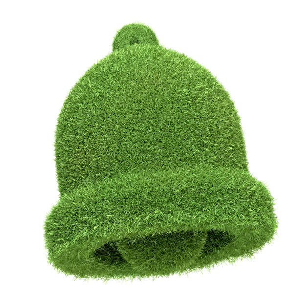 A notification bell icon designed with green grass texture, representing alerts in an eco-friendly context, isolated on white background. 3D render illustration