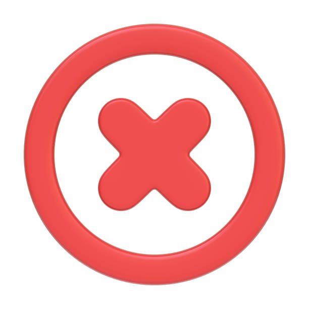 A red circular button with a cross in the center isolated on a white background, commonly used as an icon for error or close functions. 3D icon, sign and symbol. Front view. 3D Render Illustration