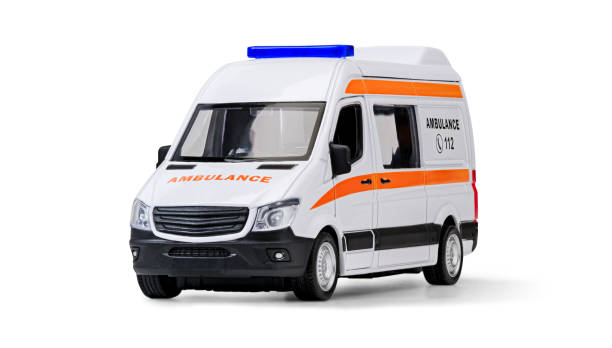 istock Emergency Ambulance Van toy with Bright Lights Isolated on White Background 2156907320