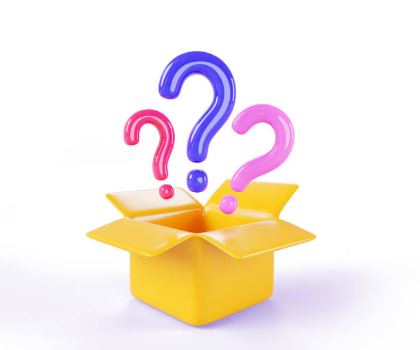 istock Mystery 3d box with color question marks render icon. Open cardboard pack, secret gift with surprise. Concept of unknown parcel, prize or present with signs of faq on white background 2156908306