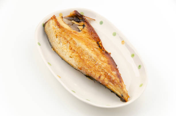 Grilled mackerel(Saba) on a plate on white background