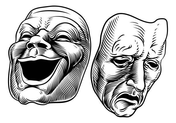 Theater or theatre drama comedy and tragedy masks in a vintage woodcut etching style
