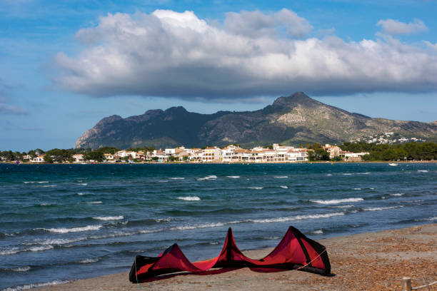 The bay of Pollensa with its beautiful landscape and windy days it is a popular site for kitesurf lovers and water sport lovers, Alcudia, Majorca, Balearic Islands, Spain