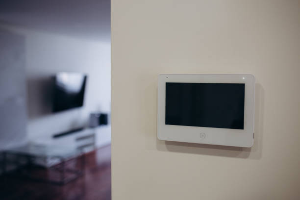 istock smart screen with smart home apps on wall in modern living room 2156913034