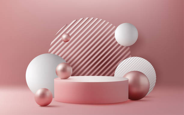 istock 3D podium design with a pink and gold color palette. Shiny metallic balls and spheres create a futuristic and celebratory atmosphere. Perfect for commercial promotions and sales. Not AI. 2156916008