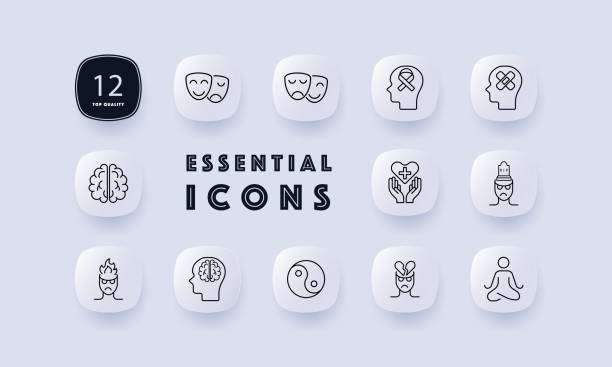 istock Mood icon set. Theater masks, smile, anger, yin yang, man, brain, fire, meditation, silhouette, sentiment care, patch, restoration, gradient. Controlling your condition concept. Neomorphism style. 2156917207