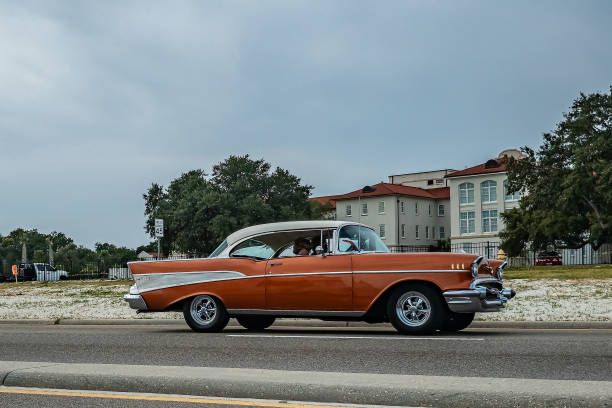 Gulfport, MS - October 05, 2023: Wide angle side view of a 1957 Chevrolet Bel Air 2 Door Hardtop at a local car show.