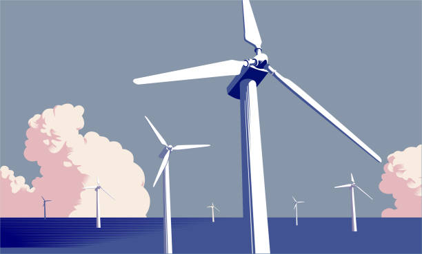Wind Turbine Farm in Countryside in traditional cross hatch style