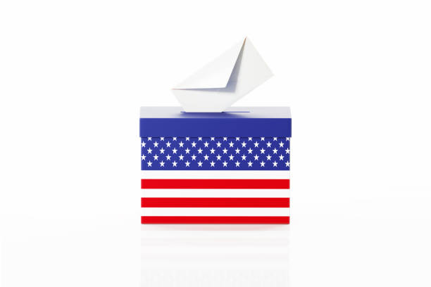 Ballot box textured with American flag on white background. Horizontal composition with clipping path. Election concept.