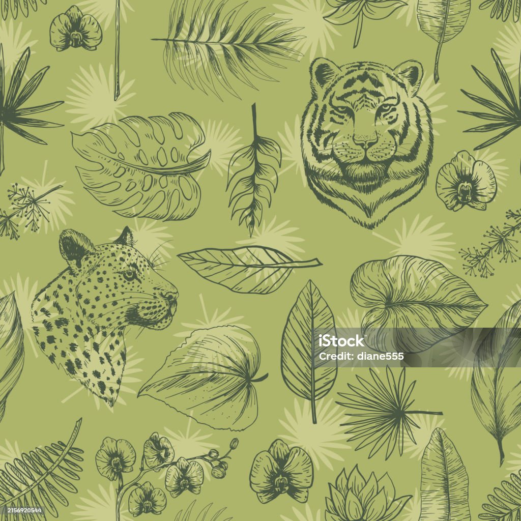 Plant Leopard Pattern Tropical Seamless Pattern With Tiger Leopard And Plants Stock ...