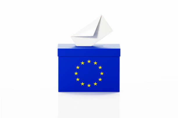 Ballot box textured with European Union flag on white background. Horizontal composition with clipping path. Election concept.