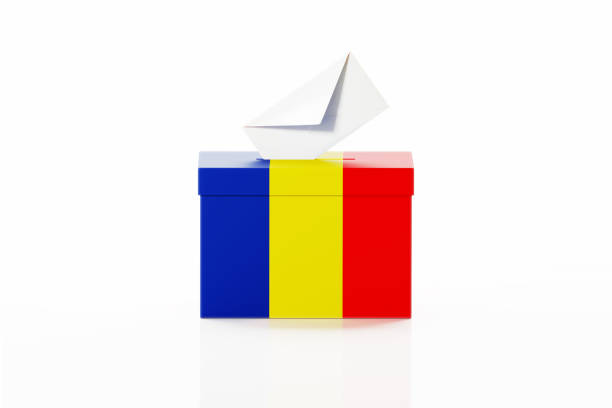 Ballot box textured with Romanian flag on white background. Horizontal composition with clipping path. Election concept.