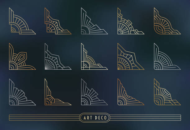 Art Deco style corner set. Geometric outline decorations on the dark grey blue marble textured background. Linear gold, silver, copper-coloured elements. EPS 10 design vector illustration.