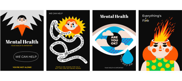 4 Posters Mental Health A collection of posters about mental health, emotional burnout, loneliness, depression, mood swings. World Mental Health Day. Cover, poster, booklet banner for clinics of psychiatry or psychology. hopelessness stock illustrations