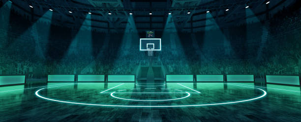 Panoramic view. Empty futuristic basketball stadium arena illuminated by neon lights with crowdy stages ready to watch final game. 3D render.